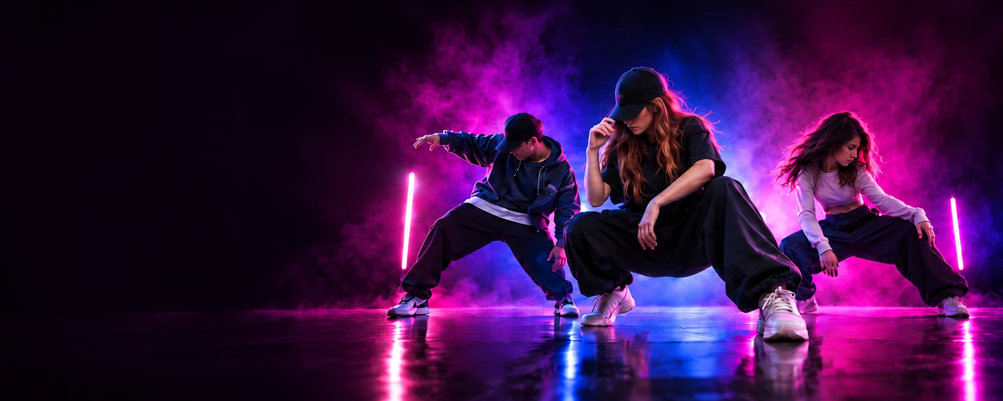 Drei erwachsene Streetdance-Tänzer in pinkem und violettem Bühnenlicht